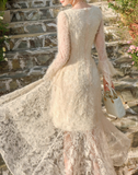 Ndyad Retro Apricot Lace Long Sleeve Knitted Dress Velvet Princess Dress HZ1024