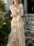 Ndyad Retro Apricot Lace Long Sleeve Knitted Dress Velvet Princess Dress HZ1024