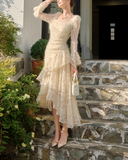 Ndyad Retro Apricot Lace Long Sleeve Knitted Dress Velvet Princess Dress HZ1024