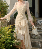 Ndyad Retro Apricot Lace Long Sleeve Knitted Dress Velvet Princess Dress HZ1024