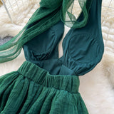 Ndyad dark green V-neck halter back long dress HZ1024