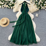 Ndyad dark green V-neck halter back long dress HZ1024