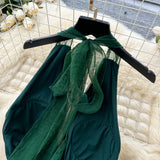 Ndyad dark green V-neck halter back long dress HZ1024