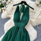 Ndyad dark green V-neck halter back long dress HZ1024