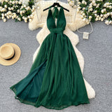 Ndyad dark green V-neck halter back long dress HZ1024