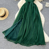 Ndyad dark green V-neck halter back long dress HZ1024