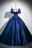 Ndyad Satin Long A-Line Prom Dress with Pearls, Elegant Short Sleeve Evening Party Dress HZ1024