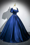 Ndyad Satin Long A-Line Prom Dress with Pearls, Elegant Short Sleeve Evening Party Dress HZ1024