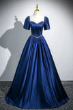Ndyad Satin Long A-Line Prom Dress with Pearls, Elegant Short Sleeve Evening Party Dress HZ1024