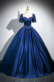 Ndyad Satin Long A-Line Prom Dress with Pearls, Elegant Short Sleeve Evening Party Dress HZ1024
