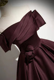 Ndyad Satin Long Prom Dress, Burgundy Off-the-Shoulder Formal Dress HZ1024