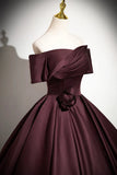 Ndyad Satin Long Prom Dress, Burgundy Off-the-Shoulder Formal Dress HZ1024