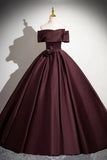 Ndyad Satin Long Prom Dress, Burgundy Off-the-Shoulder Formal Dress HZ1024