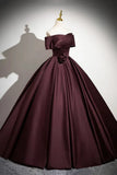 Ndyad Satin Long Prom Dress, Burgundy Off-the-Shoulder Formal Dress HZ1024