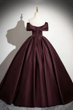 Ndyad Satin Long Prom Dress, Burgundy Off-the-Shoulder Formal Dress HZ1024