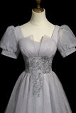 Ndyad Tulle Beaded Long Prom Dress, A-Line Short Sleeve Evening Party Dress HZ1024