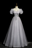 Ndyad Tulle Beaded Long Prom Dress, A-Line Short Sleeve Evening Party Dress HZ1024