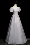 Ndyad Tulle Beaded Long Prom Dress, A-Line Short Sleeve Evening Party Dress HZ1024