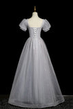 Ndyad Tulle Beaded Long Prom Dress, A-Line Short Sleeve Evening Party Dress HZ1024