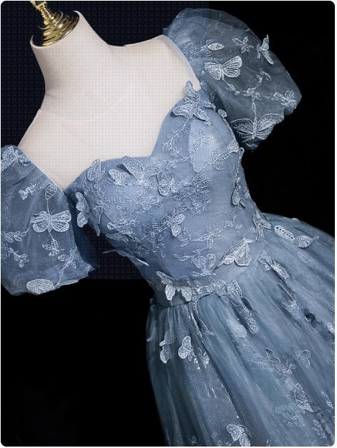 Ndyad Evening Dress under $180||Fairytale?? A-Line Puff Sleeves Tulle Lace Gray BlueSweet Long Prom Dress for Birthday HZ1024