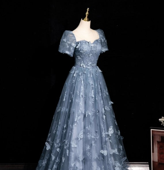 Ndyad Evening Dress under $180||Fairytale?? A-Line Puff Sleeves Tulle Lace Gray BlueSweet Long Prom Dress for Birthday HZ1024