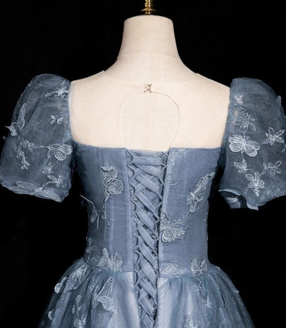 Ndyad Evening Dress under $180||Fairytale?? A-Line Puff Sleeves Tulle Lace Gray BlueSweet Long Prom Dress for Birthday HZ1024