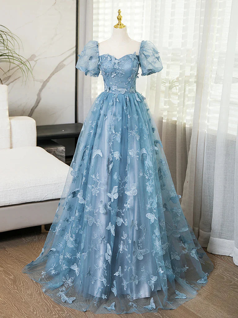 Ndyad Evening Dress under $180||Fairytale?? A-Line Puff Sleeves Tulle Lace Gray BlueSweet Long Prom Dress for Birthday HZ1024