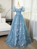 Ndyad Evening Dress under $180||Fairytale?? A-Line Puff Sleeves Tulle Lace Gray BlueSweet Long Prom Dress for Birthday HZ1024