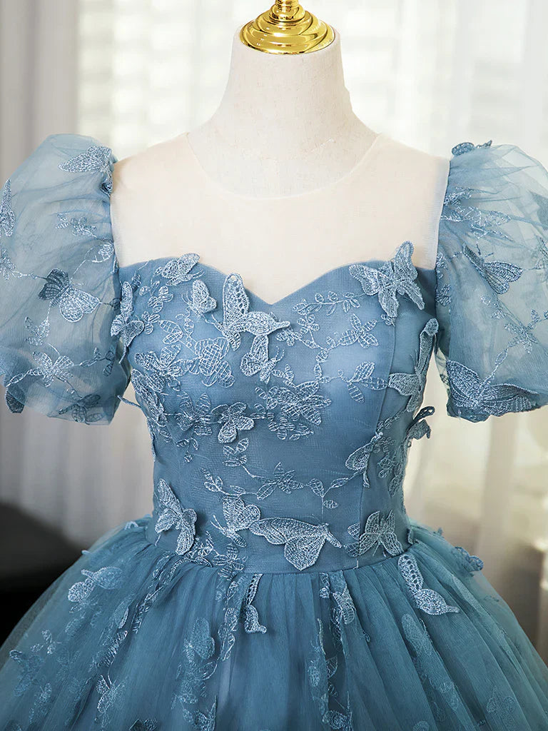 Ndyad Evening Dress under $180||Fairytale?? A-Line Puff Sleeves Tulle Lace Gray BlueSweet Long Prom Dress for Birthday HZ1024