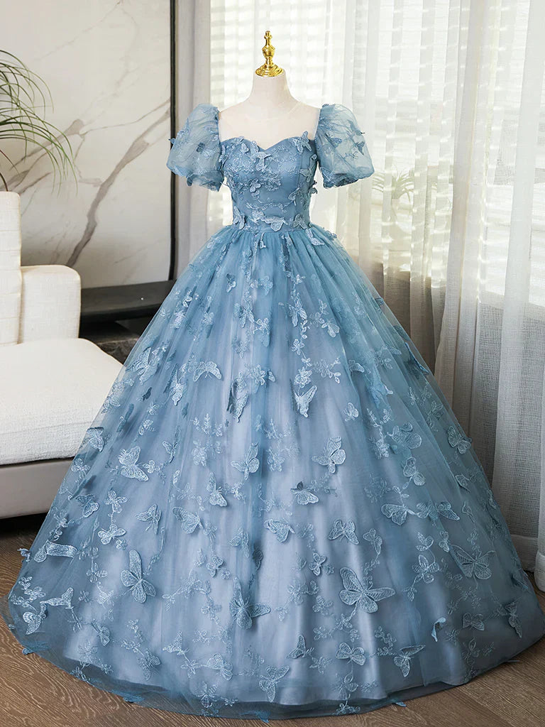 Ndyad Evening Dress under $180||Fairytale?? A-Line Puff Sleeves Tulle Lace Gray BlueSweet Long Prom Dress for Birthday HZ1024