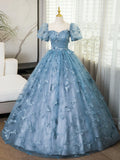 Ndyad Evening Dress under $180||Fairytale?? A-Line Puff Sleeves Tulle Lace Gray BlueSweet Long Prom Dress for Birthday HZ1024