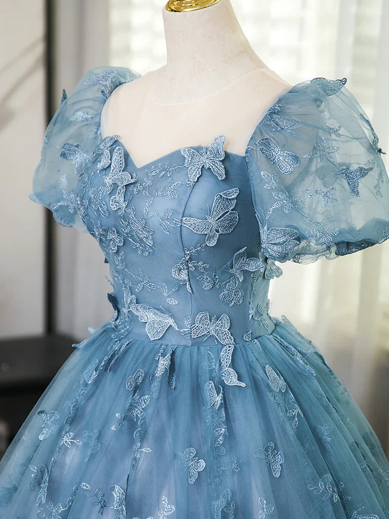 Ndyad Evening Dress under $180||Fairytale?? A-Line Puff Sleeves Tulle Lace Gray BlueSweet Long Prom Dress for Birthday HZ1024