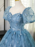 Ndyad Evening Dress under $180||Fairytale?? A-Line Puff Sleeves Tulle Lace Gray BlueSweet Long Prom Dress for Birthday HZ1024