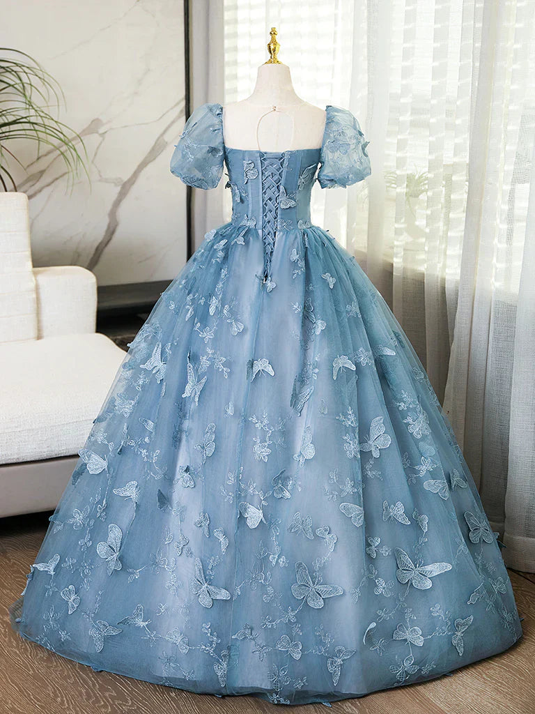 Ndyad Evening Dress under $180||Fairytale?? A-Line Puff Sleeves Tulle Lace Gray BlueSweet Long Prom Dress for Birthday HZ1024