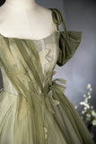 Ndyad A-line tulle long prom dress, green bridesmaid dress HZ1024