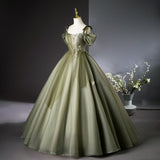 Ndyad A-line tulle long prom dress, green bridesmaid dress HZ1024