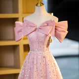 Evafashion A-line off-shoulder tulle sequin long prom dress, pink evening dress HZ1024