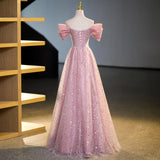 Evafashion A-line off-shoulder tulle sequin long prom dress, pink evening dress HZ1024