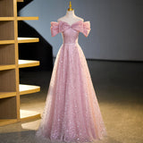 Evafashion A-line off-shoulder tulle sequin long prom dress, pink evening dress HZ1024