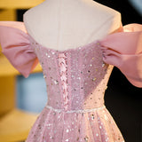 Evafashion A-line off-shoulder tulle sequin long prom dress, pink evening dress HZ1024