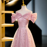 Evafashion A-line off-shoulder tulle sequin long prom dress, pink evening dress HZ1024