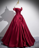 Evafashion A-line off-the-shoulder satin long prom dress, burgundy formal dress HZ1024