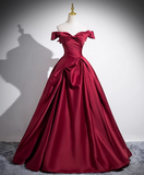 Evafashion A-line off-the-shoulder satin long prom dress, burgundy formal dress HZ1024