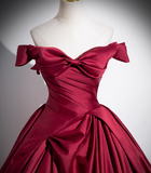 Evafashion A-line off-the-shoulder satin long prom dress, burgundy formal dress HZ1024