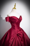 Evafashion A-line off-the-shoulder satin long prom dress, burgundy formal dress HZ1024