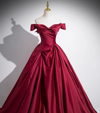Evafashion A-line off-the-shoulder satin long prom dress, burgundy formal dress HZ1024