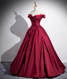 Evafashion A-line off-the-shoulder satin long prom dress, burgundy formal dress HZ1024