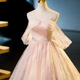 Ndyad pink sweetheart neckline tulle sequin long prom dress, pink evening dress HZ1024