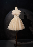 Ndyad A-line tulle sequin short prom dress, champagne sweet 16 dress HZ1024