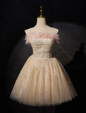 Ndyad A-line tulle sequin short prom dress, champagne sweet 16 dress HZ1024